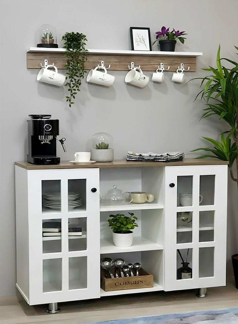 AGD Multipurpose Coffee Corner Cabinet, Kitchen Bakers, with Wooden Spice Rack and Cup Hanging, Perfect for Living Room, Kitchen, Office, White - Image 1
