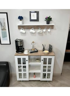 AGD Multipurpose Coffee Corner Cabinet, Kitchen Bakers, with Wooden Spice Rack and Cup Hanging, Perfect for Living Room, Kitchen, Office, White  - Image 4