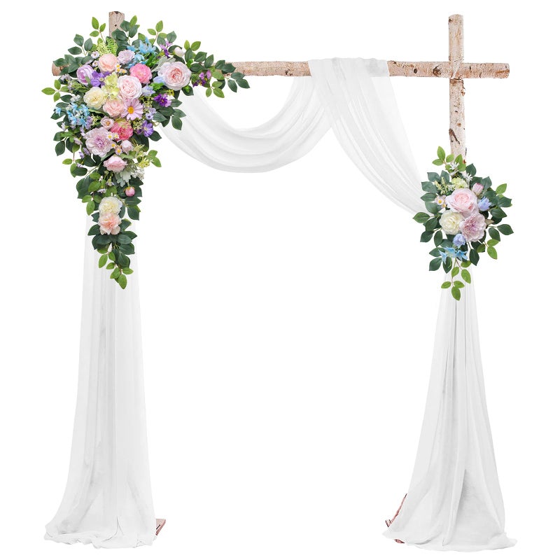 Odouzy Wedding Arch Flowers Kit,Artificial Flower Arch Decor (Set of 3),2pcs Artificial Flower Arrangement with 1pc Sheer Drape for Wedding Decor Reception Backdrop Floral Decorations (Bluish Pink) - Image 1