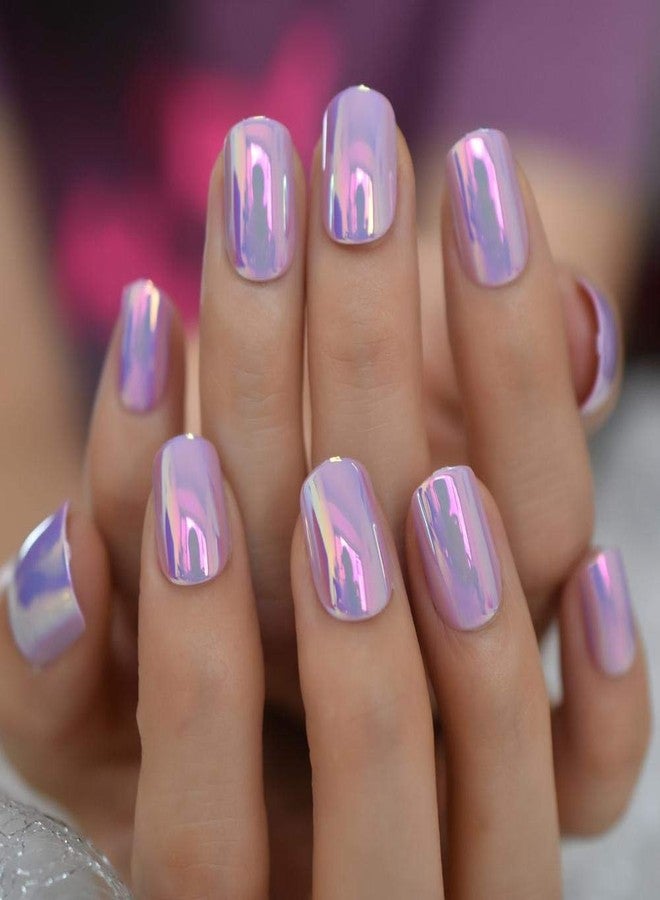 EchiQ Fantasy Nails Series Pink Purle Short Chrome Holographic Press On Nails Square Natural Shape Charming Manicure Tips 24 - Image 2