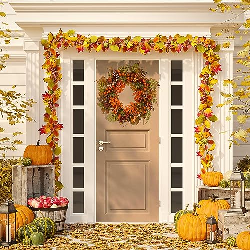AMF0RESJ Artificial Fall Wreaths for Front Door Autumn Oak Wreath with Oak Leaves,Acorns,Berries,Pomegranates for Front Door Indoor Outdoor Farmhouse Home Wall Window Festival Wedding Decor - Image 4