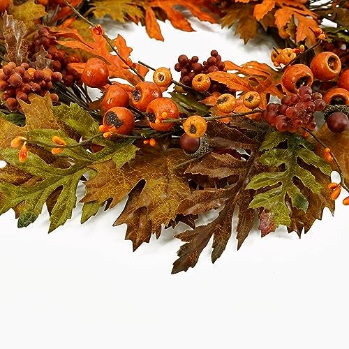 AMF0RESJ Artificial Fall Wreaths for Front Door Autumn Oak Wreath with Oak Leaves,Acorns,Berries,Pomegranates for Front Door Indoor Outdoor Farmhouse Home Wall Window Festival Wedding Decor - Image 3