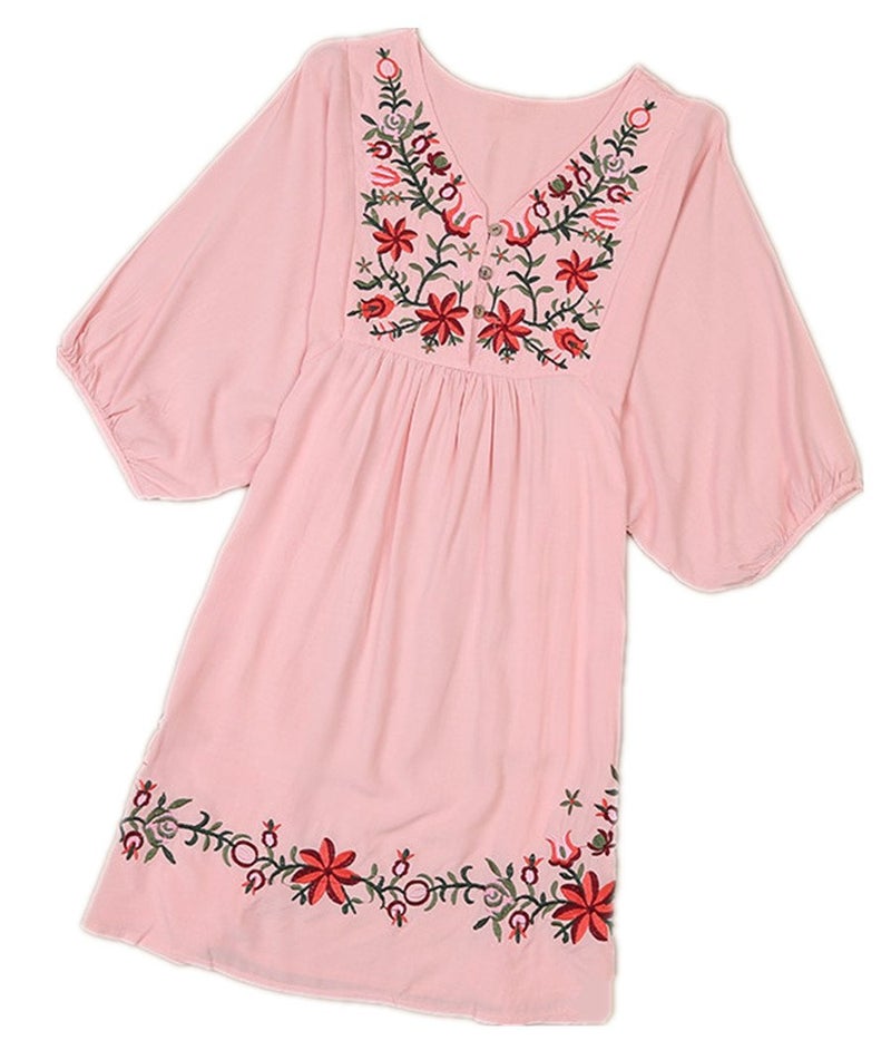 Kafeimali Summer Dress V Neck Mexican Embroidered Peasant Women's Dressy Tops Blouses (Pink) - Image 4