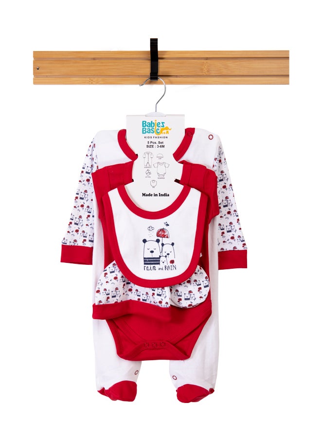 Babies Basic 5 Piece Unisex 100% Cotton Gift Set Include Bib, Romper, Mittens, Cap And Sleepsuit/Jumpsuit- Rain  - Image 1