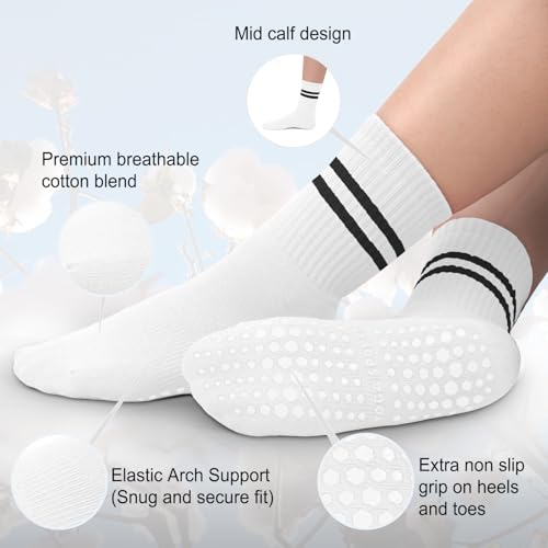 BLONGW Pilates Socks for Women, Non Slip Grip Socks for Yoga, Barre, Hospital, Grippy Socks Womens Gifts Home Workout Dance Ballet Gym Outfits Sticky Barefoot Slipper Non Skid White Socks, 4 Pack - Image 3