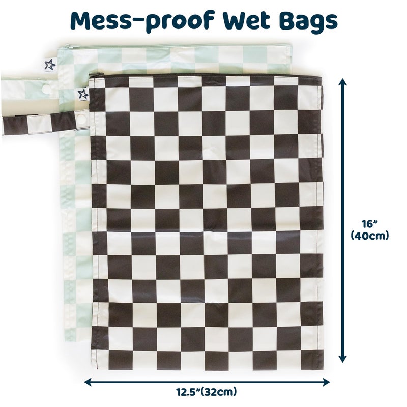 تايني توينكل Mess-proof Wet Bags 2 Pack Waterproof and Washable Bag for Travel storage, Stroller, Daycare, Baby Diapers, Yoga, Beach, Pool, Wet Toddler Swimsuits (Black, Green Checkers) - Image 4