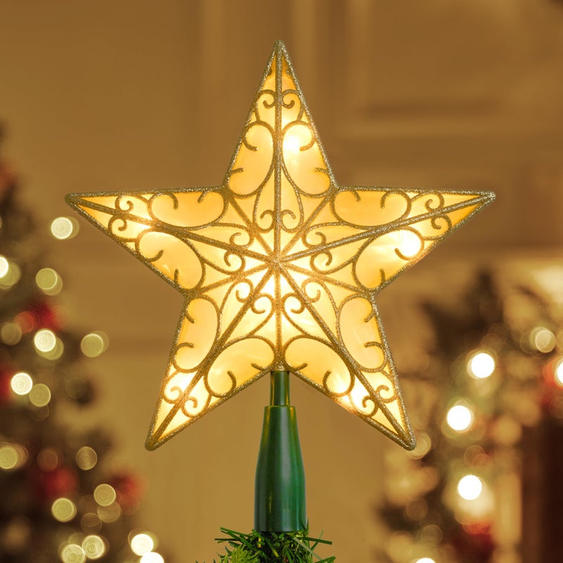 JOIEDOMI 9 inch Lighted PVC Star Christmas Tree Topper Golden Glitter Swirl Treetop Decorations with 10 Warm White LED Battery Powered for Home Holiday Xmas Party Indoor Decor