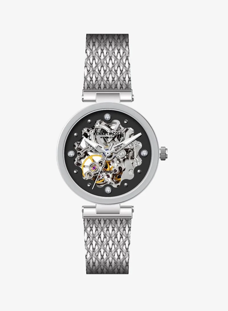 Kenneth Cole New York Black Dial and Silver Stainless Steel Bracelet Automatic Watch for Women 34mm