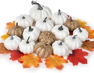 Lvydec Lvydec Artificial Pumpkins Set Harvest Decoration, 15pcs Assorted Size and Color Pumpkins with 50pcs Maple Leaves  - Image 1
