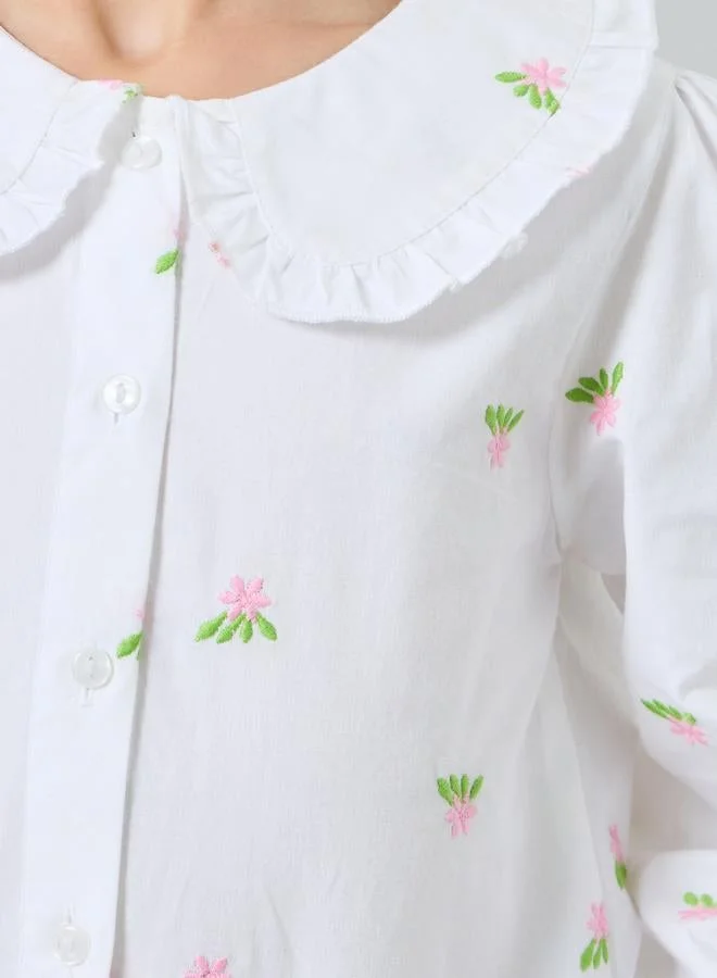 Styli Girls Embroidered Cotton Top with Peter Pan Collar