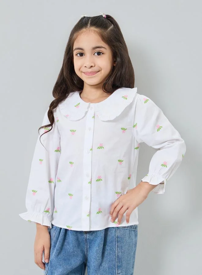 Styli Girls Embroidered Cotton Top with Peter Pan Collar