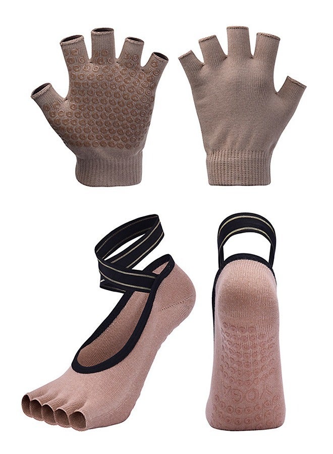 Generic Yoga Socks and Gloves Set, Thin Breathable Cross Strap Non Slip Grips Socks, Open toe Socks and Gloves for Pilates Barre Ballet Dance Barefoot Workout (Brown) - Image 1