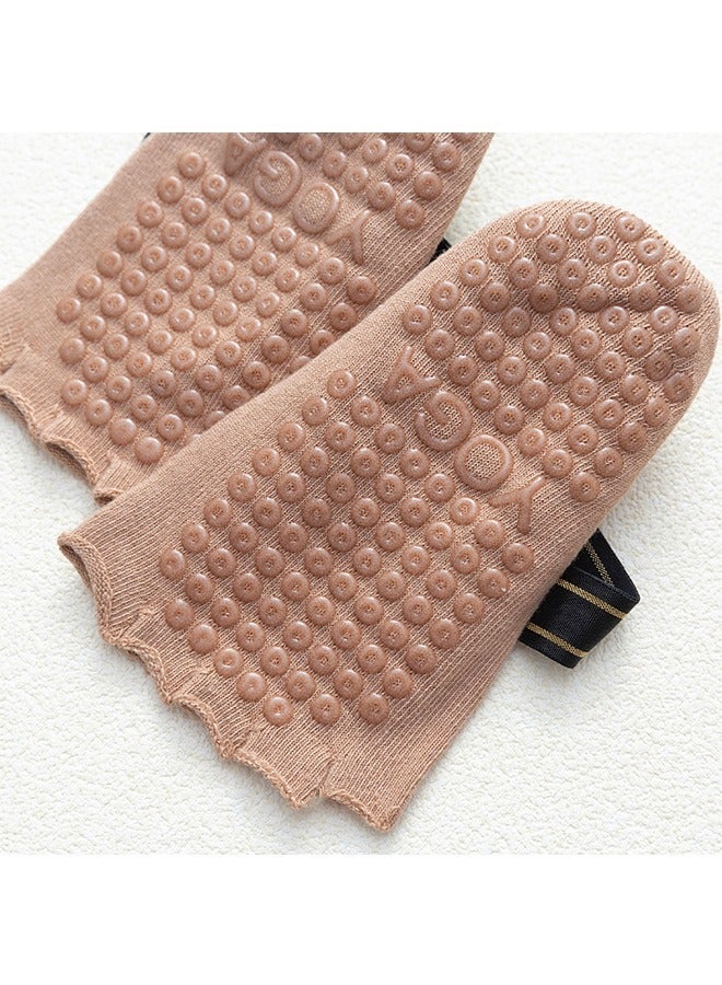 Generic Yoga Socks and Gloves Set, Thin Breathable Cross Strap Non Slip Grips Socks, Open toe Socks and Gloves for Pilates Barre Ballet Dance Barefoot Workout (Brown) - Image 4