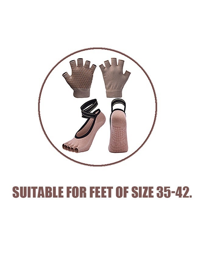 Generic Yoga Socks and Gloves Set, Thin Breathable Cross Strap Non Slip Grips Socks, Open toe Socks and Gloves for Pilates Barre Ballet Dance Barefoot Workout (Brown) - Image 2