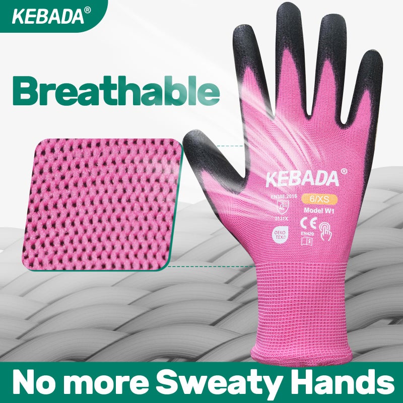 Kebada W1 Work Gloves Women, PU Coated Safety Gloves with Grip, Touchscreen, Ideal for Warehouse Package Handling, Construction, Gardening, Pink Small - Image 5
