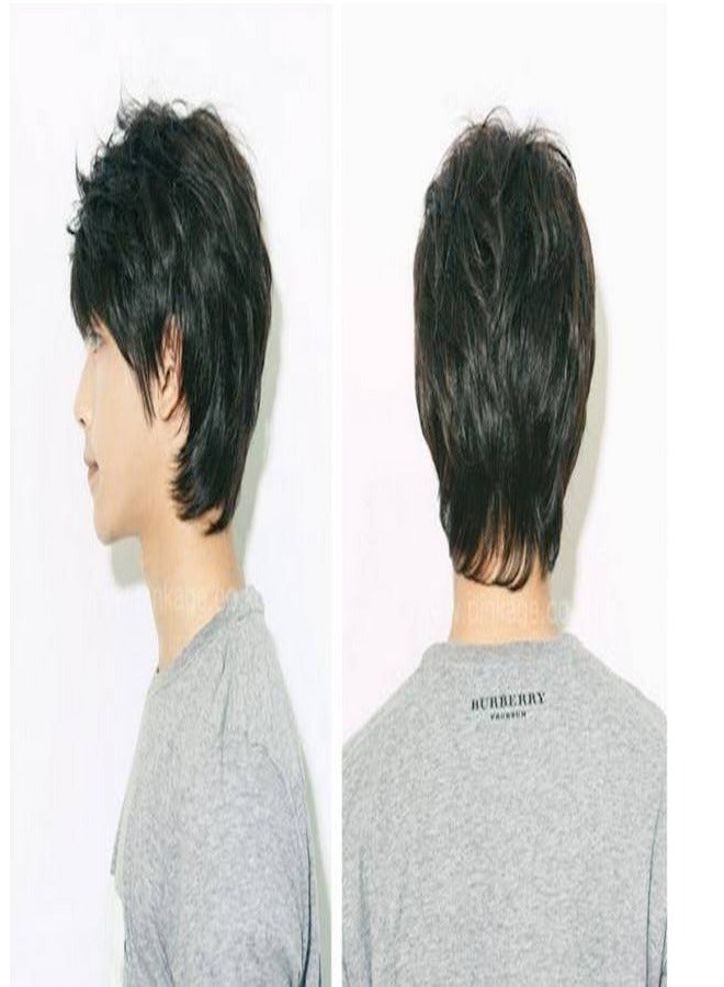 كيو شعر مستعار للرجال موجات سوداء قصيرة على نمط منفوش طبقة زي كوزبلاي هالووين شعر مستعار ذكر - Image 4