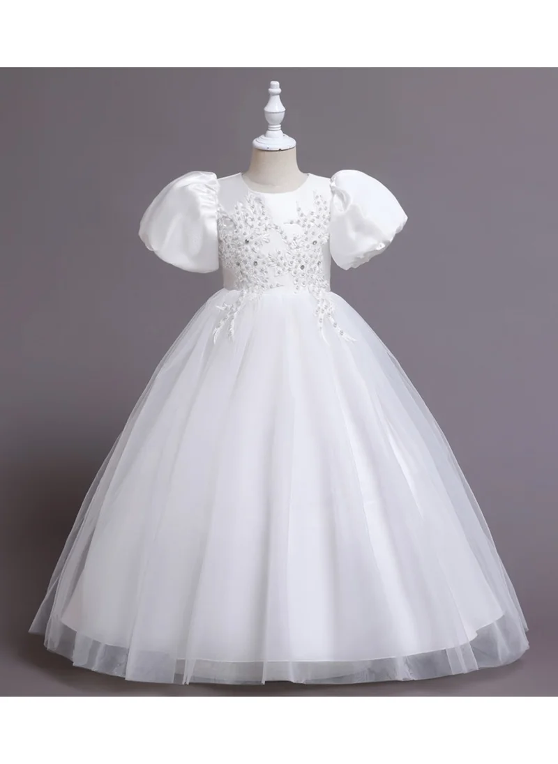 دىدانيالا Puff Sleeve Long Tulle Pearl Dress White