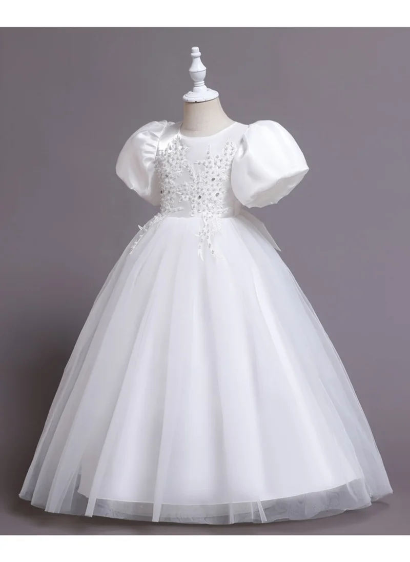 D'Daniela Puff Sleeve Long Tulle Pearl Dress White