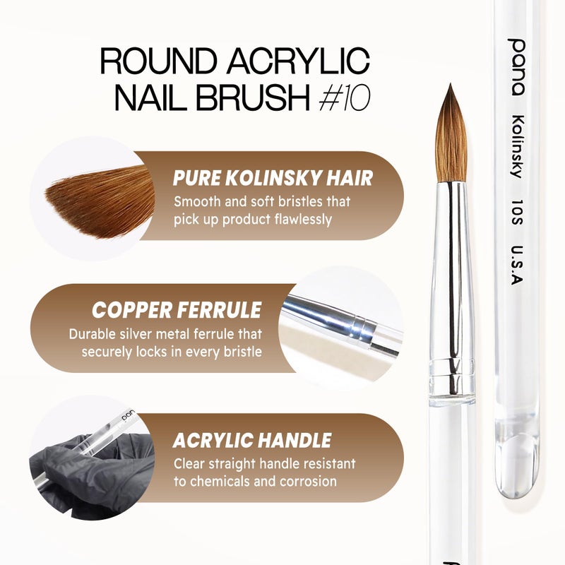PANA Pure Kolinsky Hair Nail Brush - Round Clear Acrylic Handle (Size 10) - Nail Brush for Nail Application, Nail Extension, Manicure Pedicure Salon Beginner and Professional - Image 2