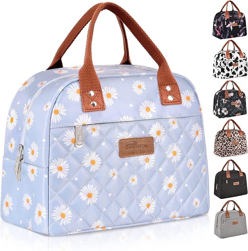 HOMESPON Insulated Lunch Bag for Women Men Adults Lunch Tote with Front Pocket Lunch Box Container Cooler Bag for Work Picnic (Blue Daisy) - Image 1