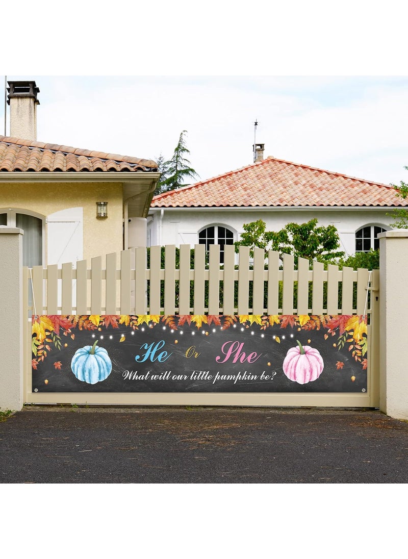 Moukeren Gender Reveal Yard Banner Sign He or She Decoration Thanksgiving Fall Autumn Pregnancy Reveal Backdrop Banner for Baby Gender Reveal Indoor Outdoor Party Supplies 118 x 236 Inches  - Image 5