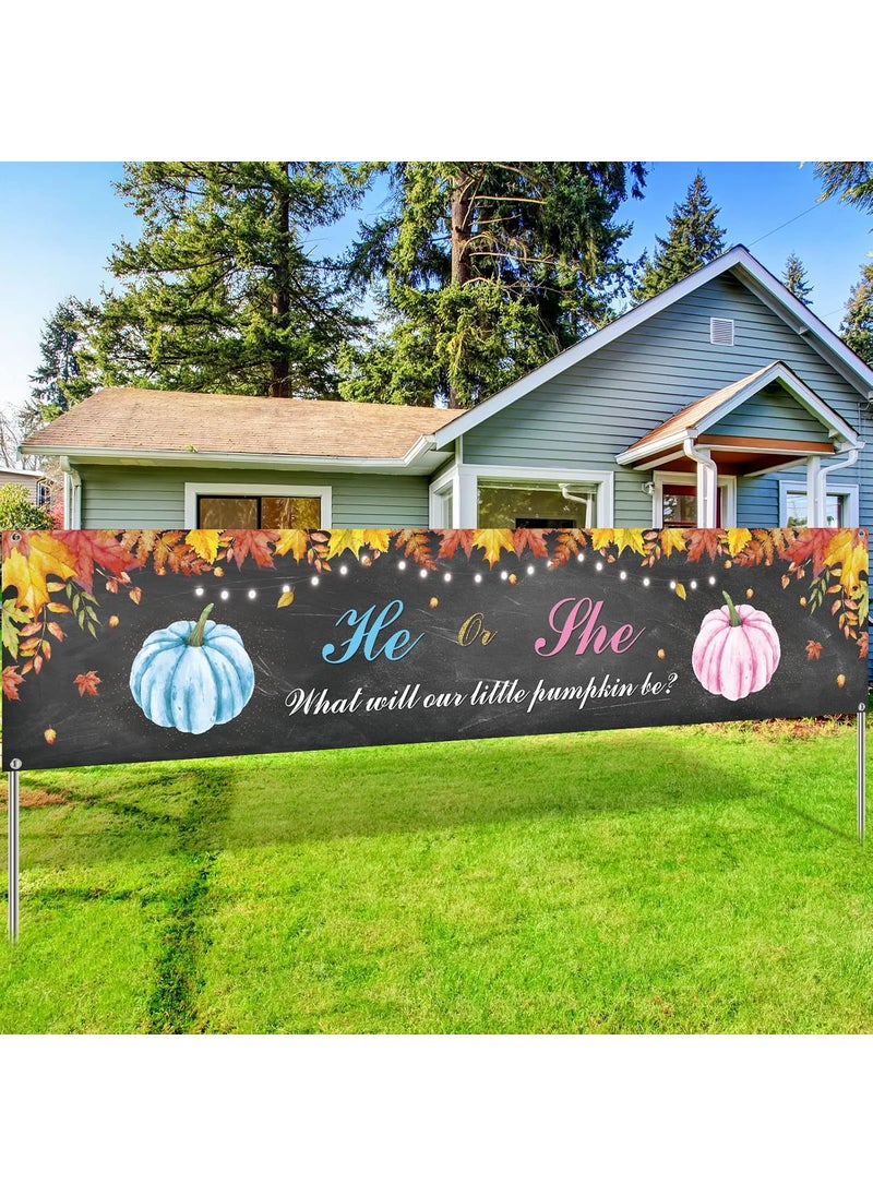 Moukeren Gender Reveal Yard Banner Sign He or She Decoration Thanksgiving Fall Autumn Pregnancy Reveal Backdrop Banner for Baby Gender Reveal Indoor Outdoor Party Supplies 118 x 236 Inches  - Image 1