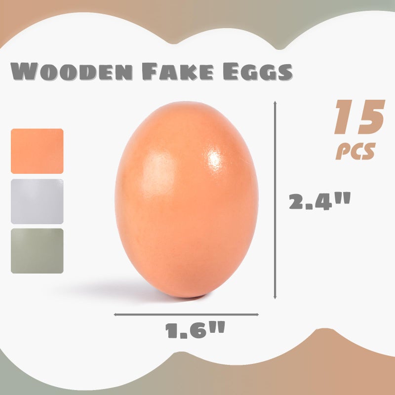POPLAY 15PCS Wooden Fake Eggs 3 Colors Wooden Chicken Eggs Faux Eggs for DIY Crafts Egg Painting Chicken Coop - Image 2