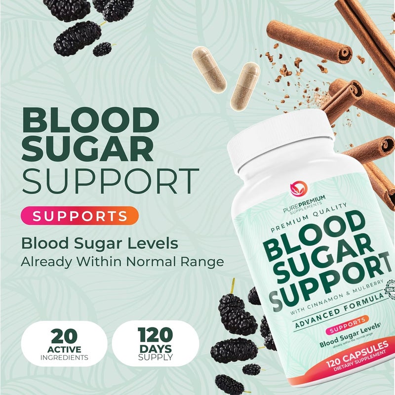 PUREPREMIUM SUPPLEMENTS مكمل دعم مستوى السكر في الدم من بيور بريموم 20 مكون نشط لدعم مستويات السكر في الدم ضمن النطاق الطبيعي مع القرفة والقرع المر والكروم والتوت 120 حبة - Image 2