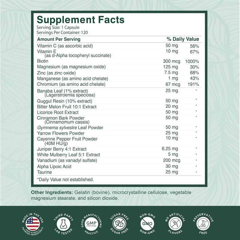 PUREPREMIUM SUPPLEMENTS مكمل دعم مستوى السكر في الدم من بيور بريموم 20 مكون نشط لدعم مستويات السكر في الدم ضمن النطاق الطبيعي مع القرفة والقرع المر والكروم والتوت 120 حبة - Image 5
