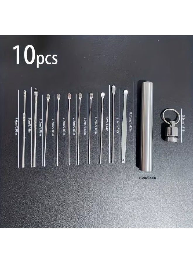 خاجول 10 قطع مجموعة أدوات إزالة شمع الأذن من الفولاذ المقاوم للصدأ، طقم تنظيف الأذن احترافي مع ملاعق أذن حلزونية وصندوق تخزين، للاستخدام المنزلي الآمن والسفر، هدية مثالية للعائلة، فضي - Image 2