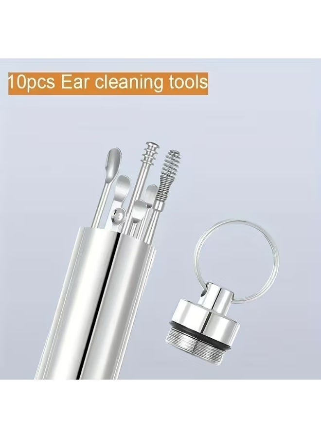 خاجول 10 قطع مجموعة أدوات إزالة شمع الأذن من الفولاذ المقاوم للصدأ، طقم تنظيف الأذن احترافي مع ملاعق أذن حلزونية وصندوق تخزين، للاستخدام المنزلي الآمن والسفر، هدية مثالية للعائلة، فضي - Image 3