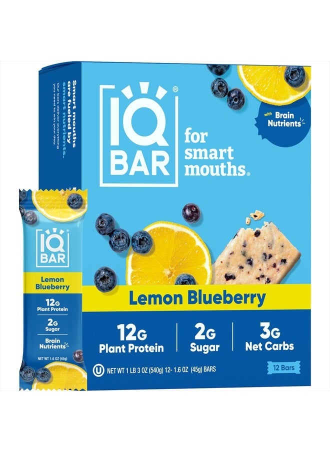 IQBAR - Brain and Body Plant Protein Bars - Lemon Blueberry - 12 Count, Low Carb, High Fiber, Gluten Free, Healthy Vegan Snacks - Low Sugar Keto Bar - Image 1