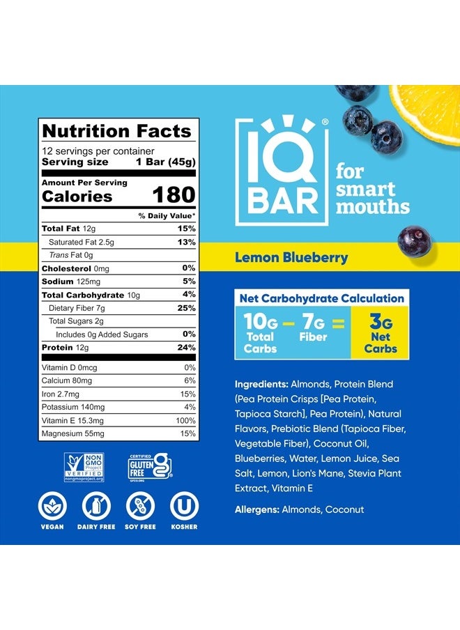 IQBAR - Brain and Body Plant Protein Bars - Lemon Blueberry - 12 Count, Low Carb, High Fiber, Gluten Free, Healthy Vegan Snacks - Low Sugar Keto Bar - Image 1
