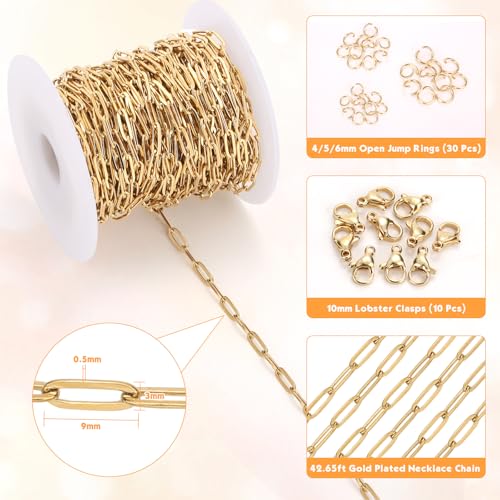 Jollidecor 43ft Gold Chain for Jewelry Making 18k Gold Plated Stainless Steel Paperclip Chain Roll for Charm Bracelet Necklace Jewelry DIY Craft Accessories with 10 Pcs Lobster Clasps and 30 Pcs Jump Rings - Image 3