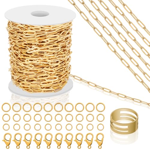 Jollidecor 43ft Gold Chain for Jewelry Making 18k Gold Plated Stainless Steel Paperclip Chain Roll for Charm Bracelet Necklace Jewelry DIY Craft Accessories with 10 Pcs Lobster Clasps and 30 Pcs Jump Rings - Image 1