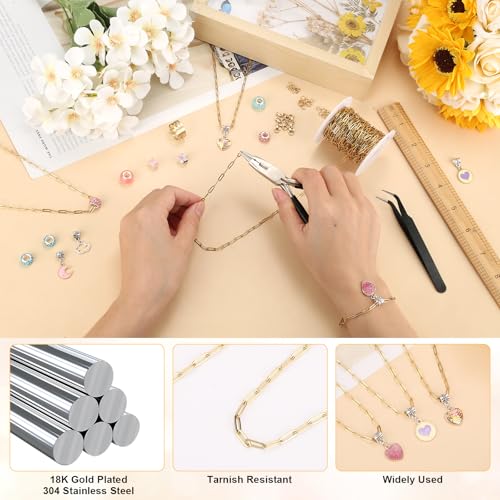 Jollidecor 43ft Gold Chain for Jewelry Making 18k Gold Plated Stainless Steel Paperclip Chain Roll for Charm Bracelet Necklace Jewelry DIY Craft Accessories with 10 Pcs Lobster Clasps and 30 Pcs Jump Rings - Image 4