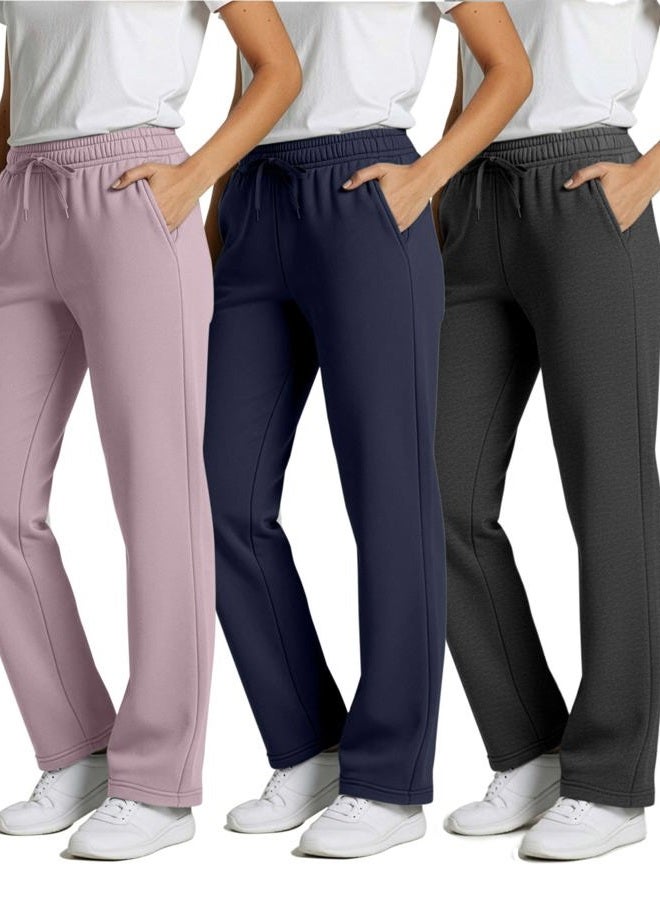 REALESSENTIALS Womens Fleece Open Women Sweatpant Bottom Sweatpants Running Pant Baggy Wide Leg Jogging Sweats Bottoms Teen Lounge Active Ladies Warm Pants Casual Athletic Sweat, Set 7, M, Pack of 3 - Image 1