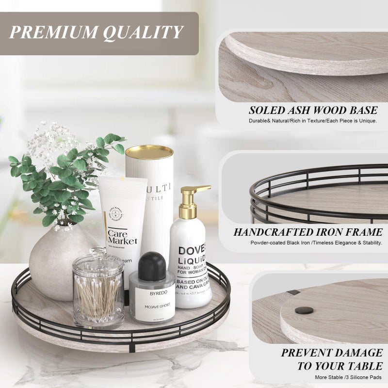 AMH 12" Farmhouse Lazy Susan for Kitchen & Coffee Table Decor â€“ Rustic Whitewashed Wood Tray with Black Metal Frame, Decorative Centerpiece for Dining Room, Ottoman, Living Room, Serving or Vanity Use - Image 5