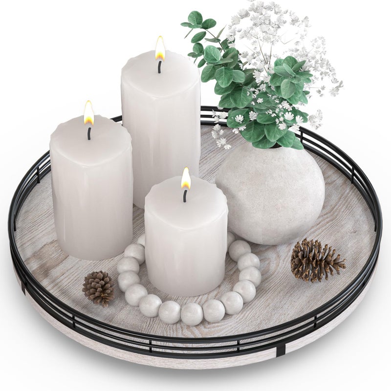 AMH 12" Farmhouse Lazy Susan for Kitchen & Coffee Table Decor â€“ Rustic Whitewashed Wood Tray with Black Metal Frame, Decorative Centerpiece for Dining Room, Ottoman, Living Room, Serving or Vanity Use - Image 1