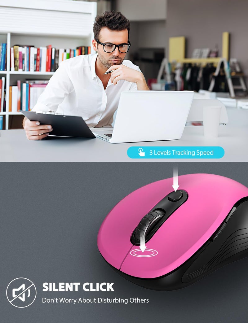 Trueque Wireless Mouse for Laptop, 2.4GHz Ergonomic Computer Mouse with Back & Forward Buttons, 3 Adjustable DPI Levels, 6 Buttons, Optical USB Cordless Mice for Windows PC (Fuchsia, 1 Pack) - Image 3