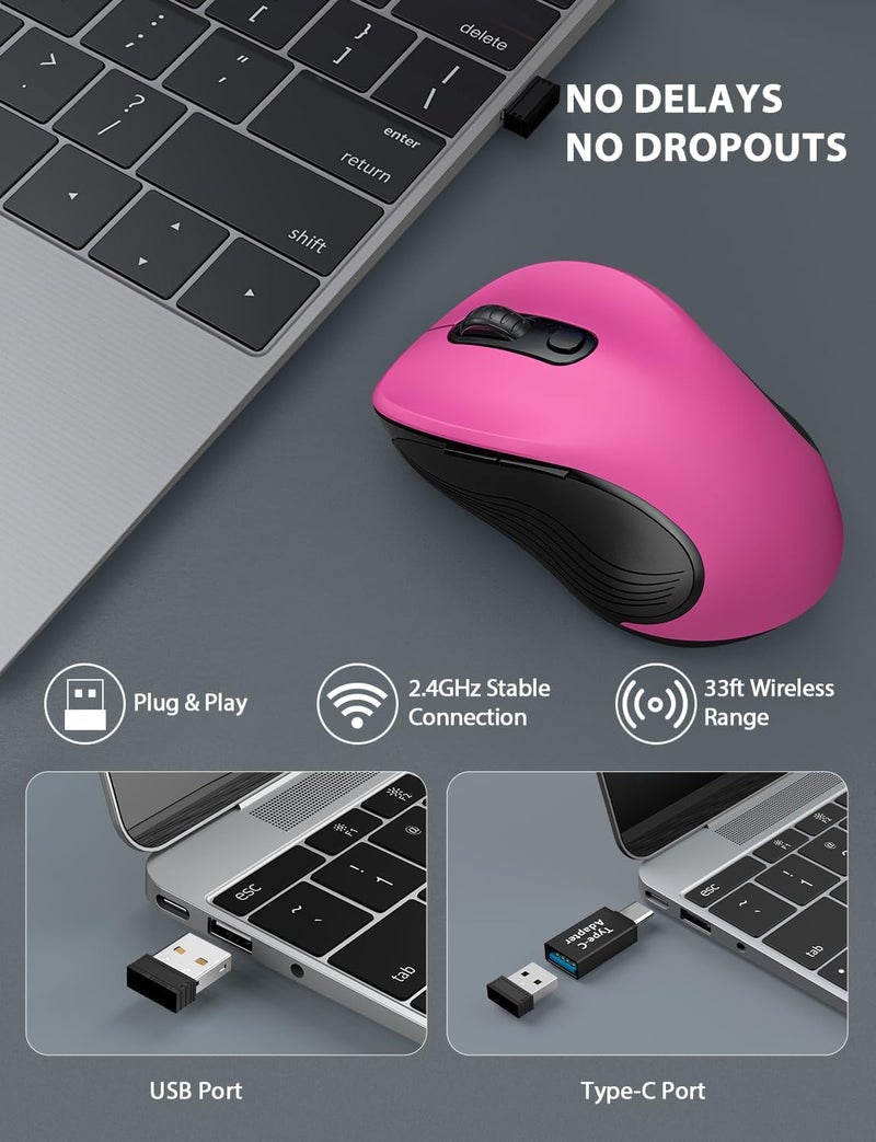 Trueque Wireless Mouse for Laptop, 2.4GHz Ergonomic Computer Mouse with Back & Forward Buttons, 3 Adjustable DPI Levels, 6 Buttons, Optical USB Cordless Mice for Windows PC (Fuchsia, 1 Pack) - Image 2