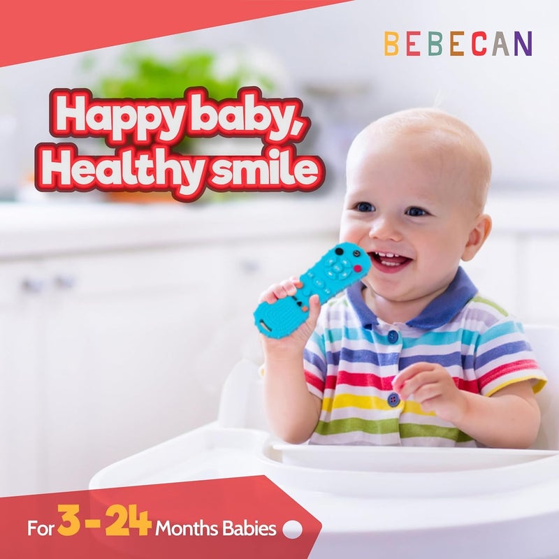 BEBECAN بيبيكان 3 عبوات من لعبة مضغ السيليكون للأطفال على شكل جهاز تحكم عن بعد للتسنين للأطفال من 3-24 شهر (أسود + أزرق + وردي) - Image 2