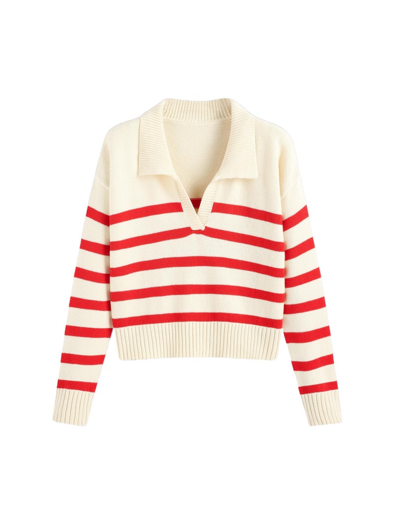 CIDER Womenâ€™s Polo Sweater Striped Collared Lightweight Long Sleeve V Neck Pullover Spring Sweater Tops 2026 - Image 1
