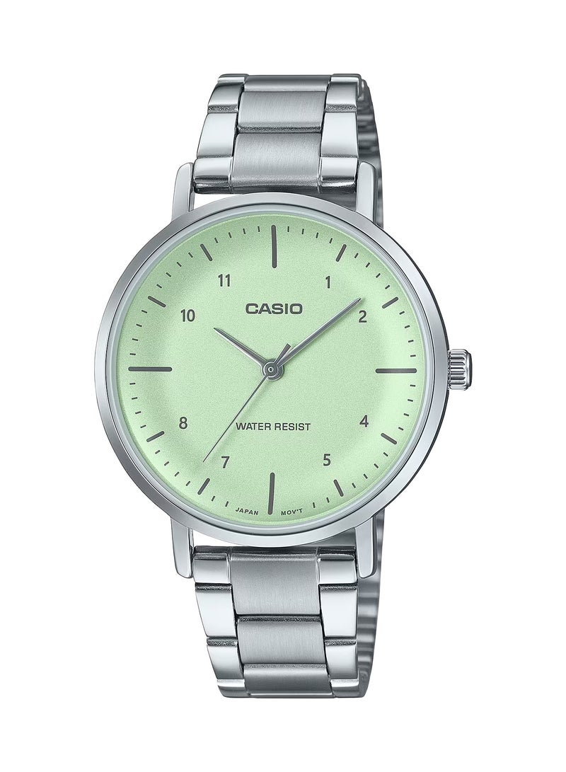 CASIO ساعة نسائية أنالوج كوارتز ذات قرص أخضر بشكل مقعر من الفولاذ المقاوم للصدأ LTP-VT03D-3B