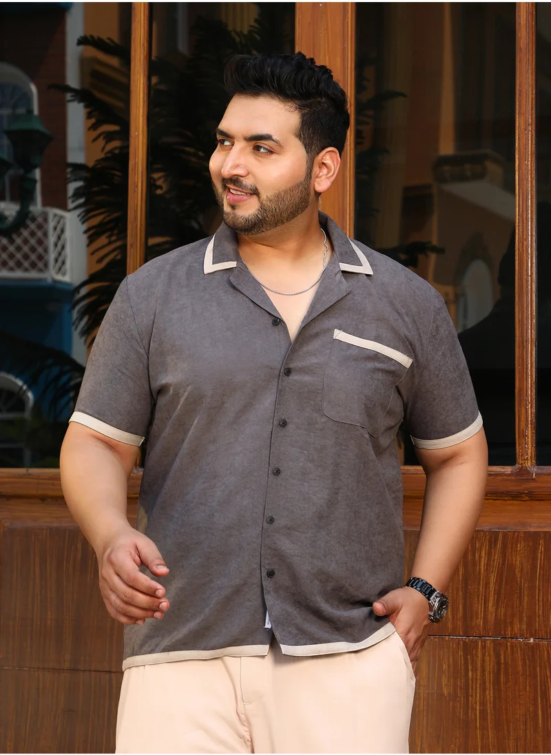 Instafab Plus Instafab Plus Men's Moon Grey Contrast-Cuban Shirt For Casual Wear | Cuban Collar | Short Regular Sleeves | Button Closure | Plus Size Shirt Crafted With Comfort Fit For Everyday Wear