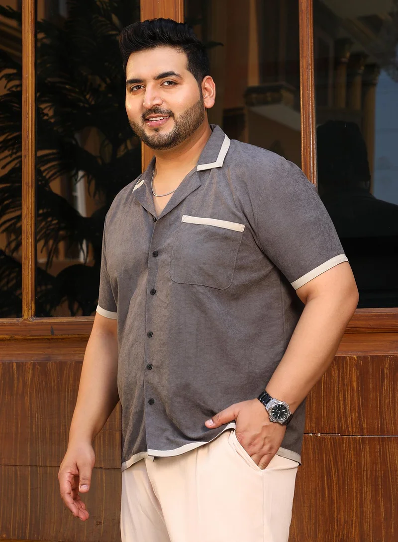 Instafab Plus Instafab Plus Men's Moon Grey Contrast-Cuban Shirt For Casual Wear | Cuban Collar | Short Regular Sleeves | Button Closure | Plus Size Shirt Crafted With Comfort Fit For Everyday Wear
