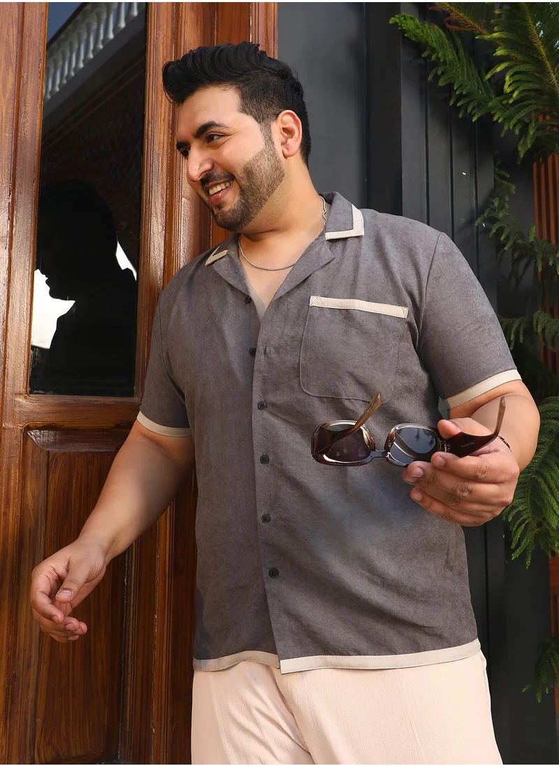 Instafab Plus Instafab Plus Men's Moon Grey Contrast-Cuban Shirt For Casual Wear | Cuban Collar | Short Regular Sleeves | Button Closure | Plus Size Shirt Crafted With Comfort Fit For Everyday Wear