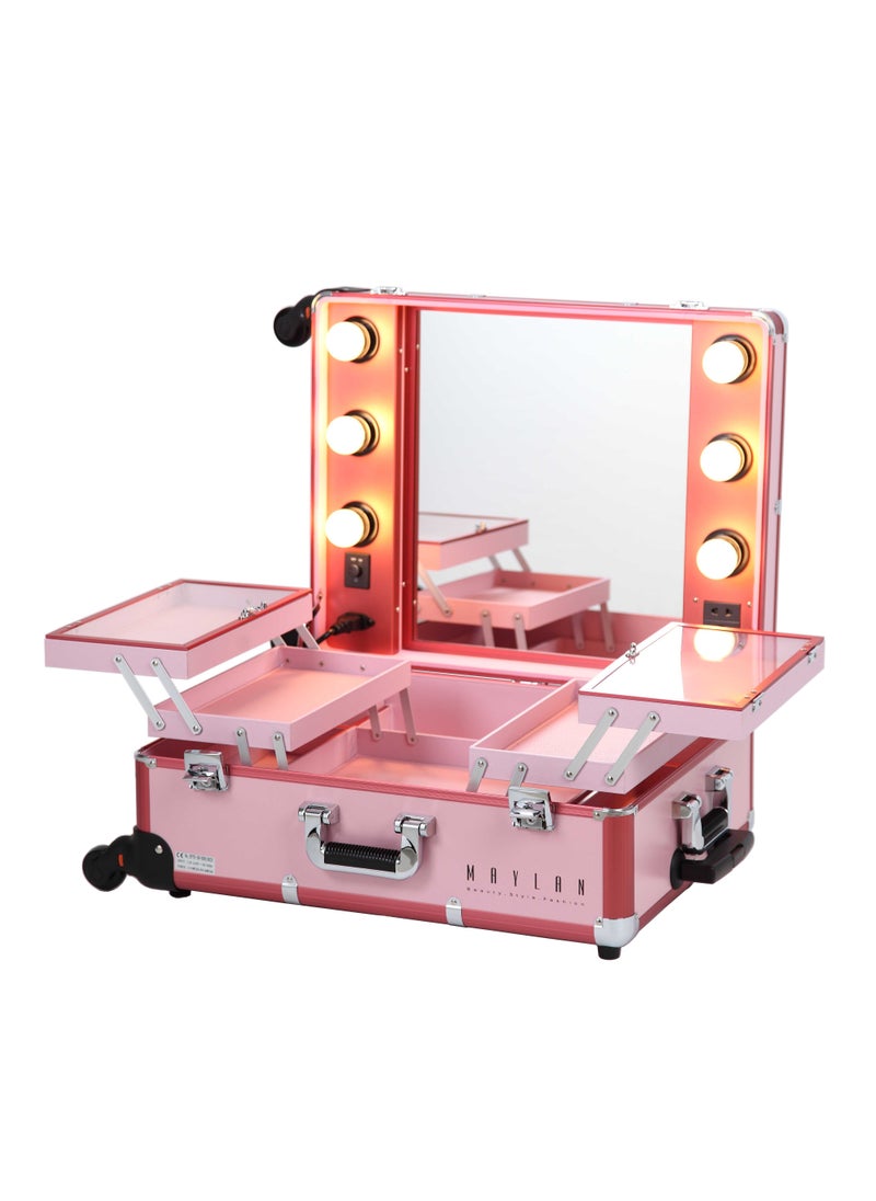 MAYLAN - Makeup Box Cosmetic Train Stand Case With Trolley And Lights Pink Medium - Image 1