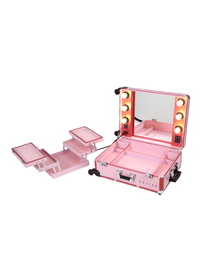 MAYLAN - Makeup Box Cosmetic Train Stand Case With Trolley And Lights Pink Medium - Image 1
