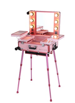 MAYLAN Makeup Box Cosmetic Train Stand Case With Trolley And Lights Pink Medium  - Image 1